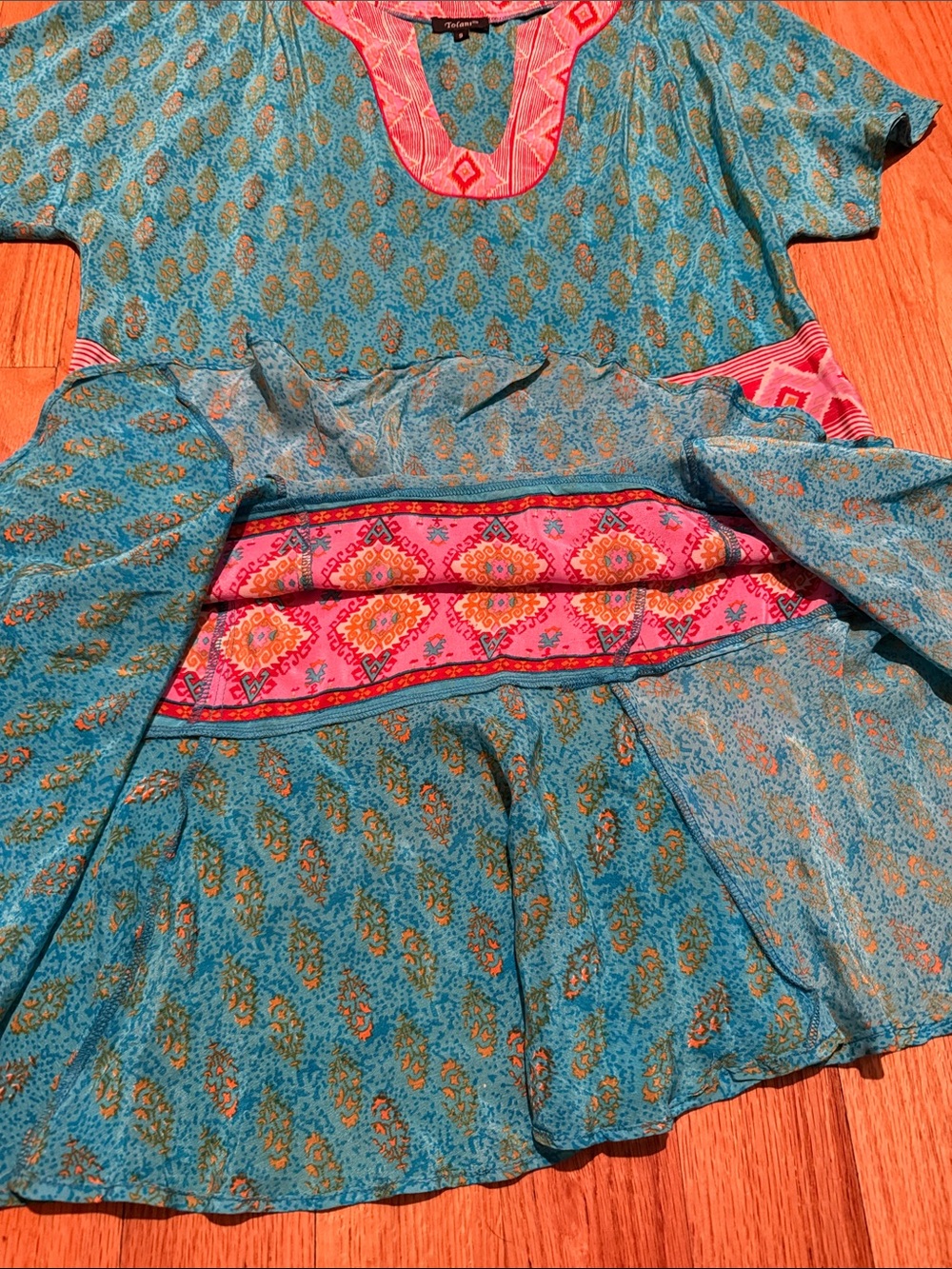 Tolani 100% Silk Boho Luxe Tunic Dress Turquoise Pink Geometric Ruffle Hem Small - Picture 10 of 15